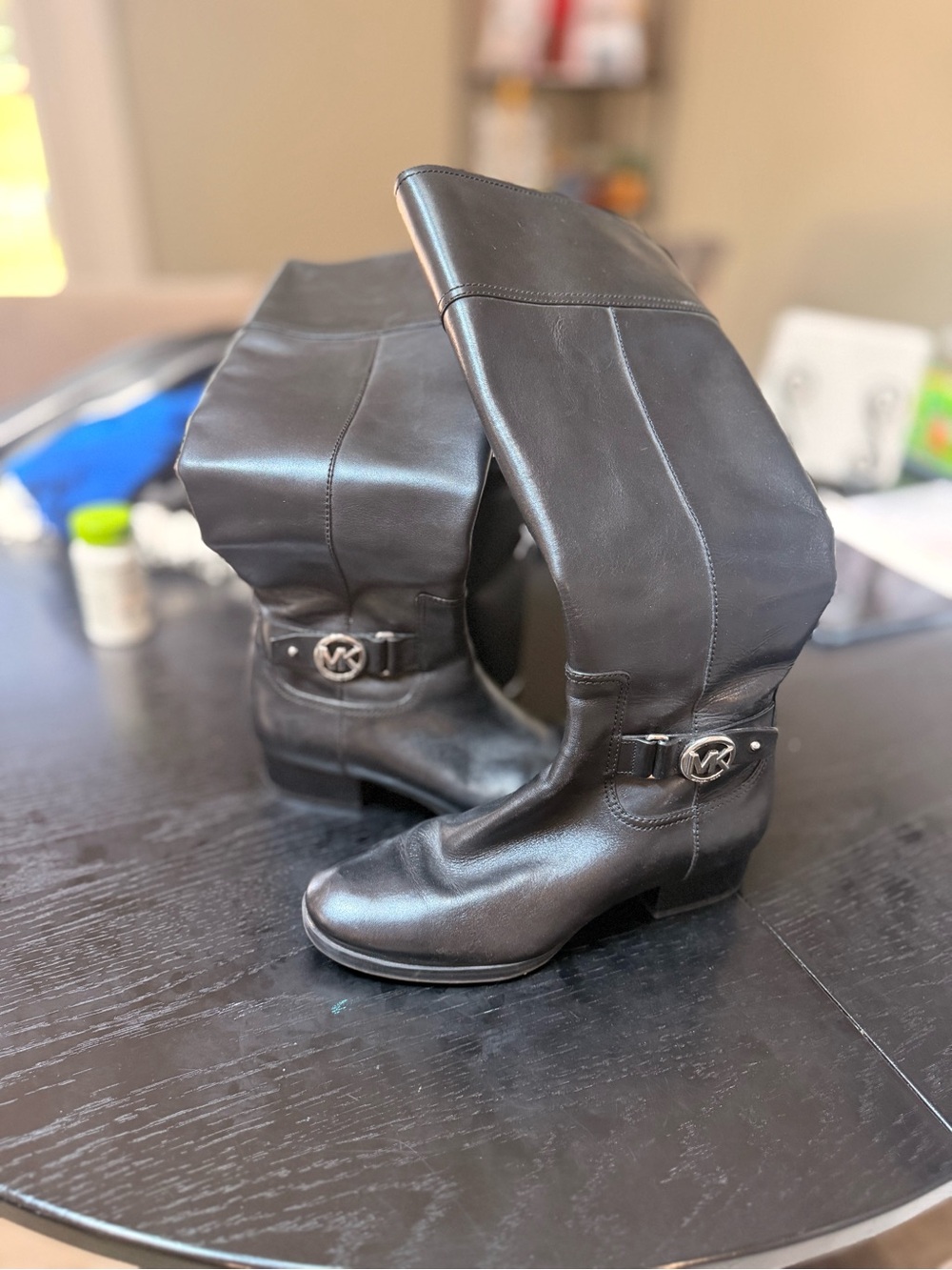 Michael Kors Black Leather Mid-Calf Buckle Riding Boots